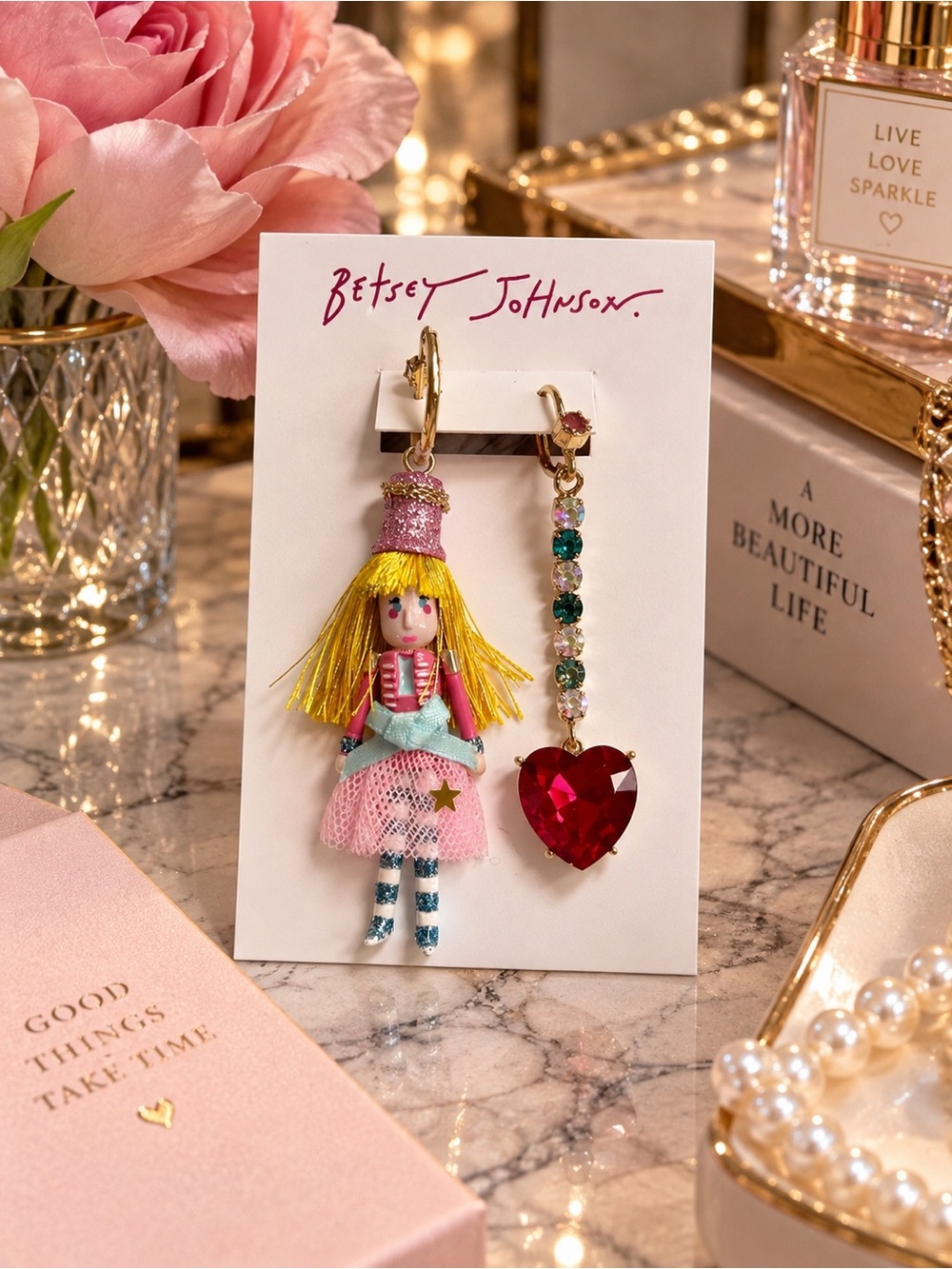 Betsey Johnson Pink Nutcracker Girl Red Heart Mismatched Earrings NWT